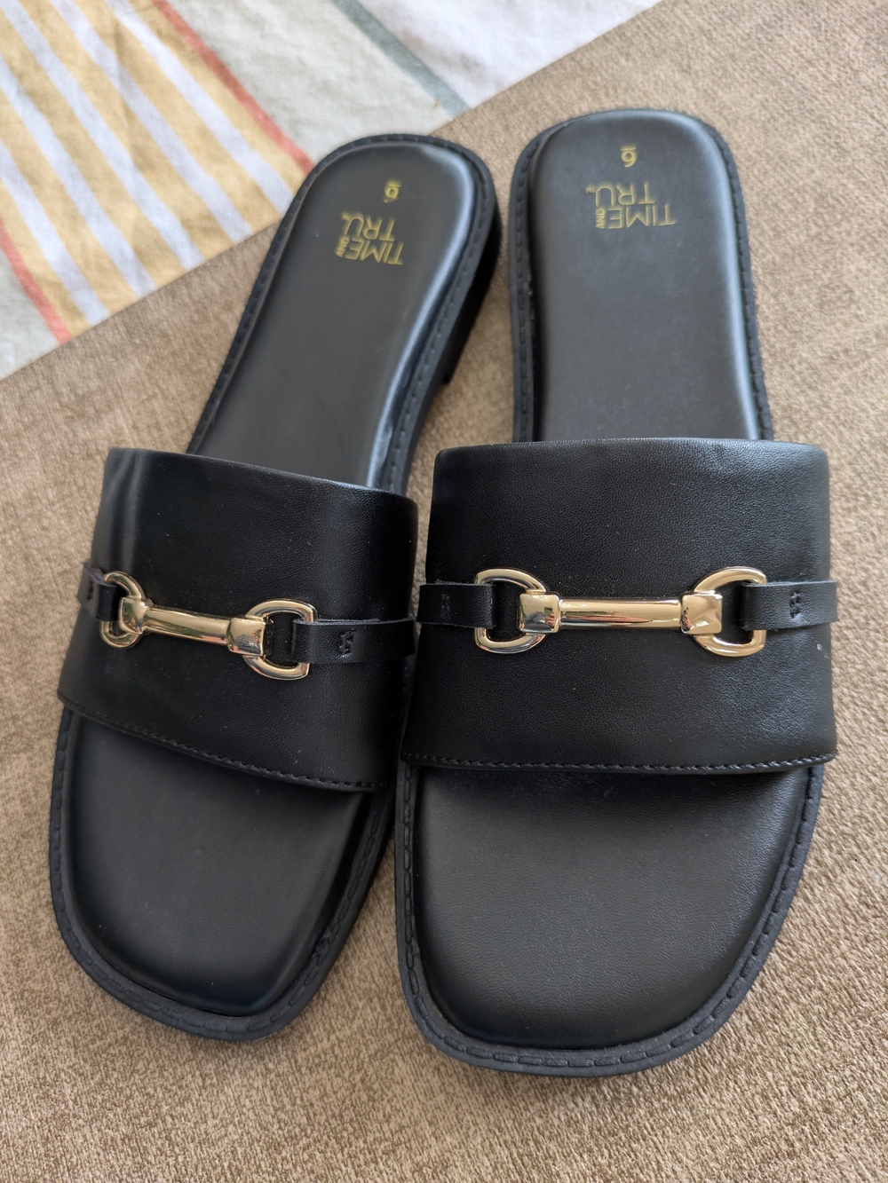 Time and Tru Black Slide Mules with Gold Bit Accent